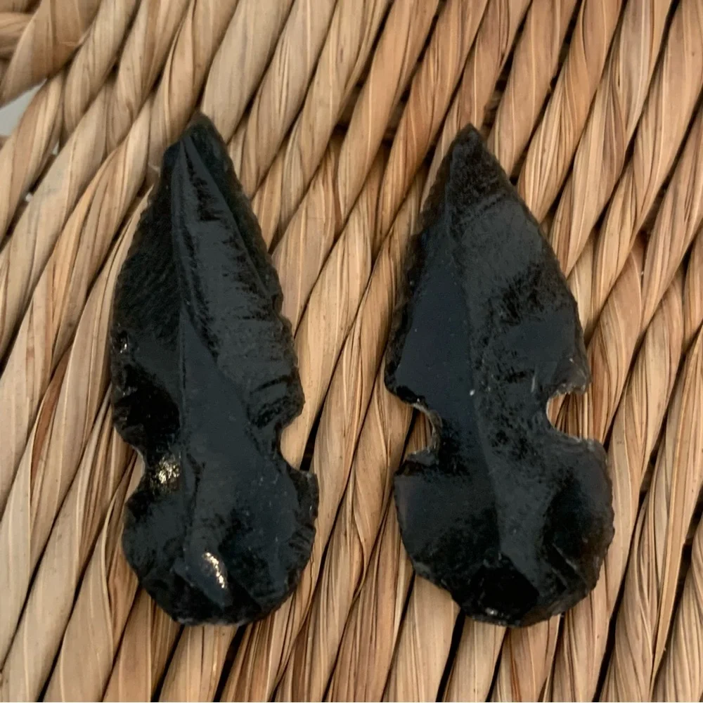 2 Black Obsidian Arrowheads Points Hand Knapped Dragon Glass Arrowhead Set 1.7